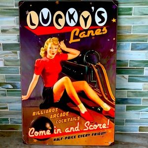 Vintage “lucky lanes” heavy duty metal sign